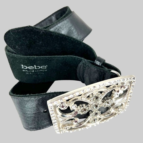 Bebe Cross Buckle Black Leather Belt Rhinestone Studded Women's Size S/M - Picture 3 of 14